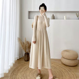Elegant Autumn Knitted Pleated Dress Half High Collar Women Sweater Midi Dress 2021 A-line Solid Vestidos