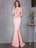 New Off-the-shoulder Elegant Slit Side Open Prom Formal Party Dress Spaghetti Straps Vestido