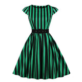 Green Black Striped Cotton Cap Sleeve Robe Pin Up Swing Elegant Retro Vintage Dress