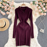 Women Polo Neck Long Sleeve Mini Dress Front Button Sexy Party Ribbed Knitted Bodycon Dress