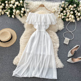 Women Solid Color Casual Chiffon Dress Elegant Double Ruffle Sexy Off Shoulder Dress Summer Clothes Sundress