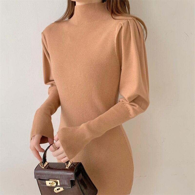 Autumn Winter Sweater Dresses For Women Mock Neck Puff Sleeve Casual Mini Dress Ribbed Soft Knitted Bodycon Dress