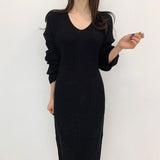 V Neck Long Sleeve Casual Sweater Dress Warm Fall Winter Solid Elegant Loose Knitted Midi Dress