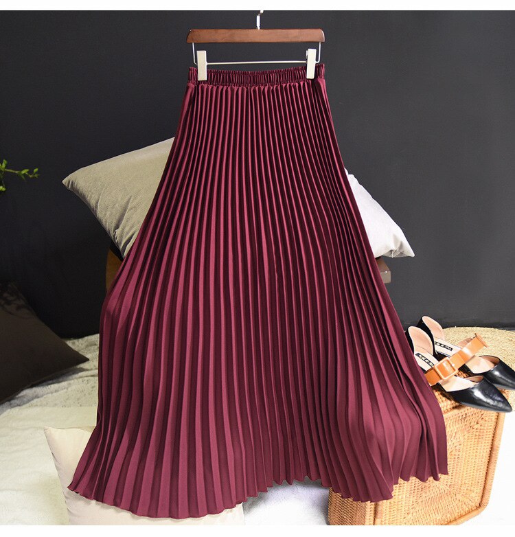 Autumn Winter Elegant Pleated Long Solid High Waist A-Line Maxi Skirt