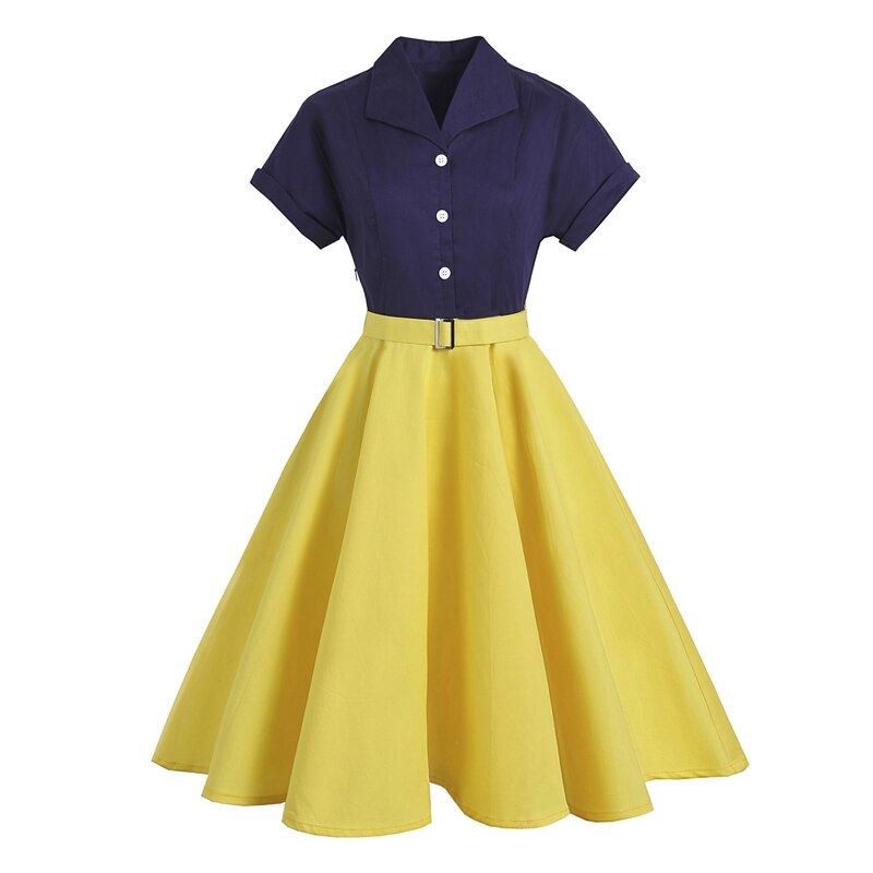 Turn-Down Collar Buttons Two Tone Elegant Patchwork Cotton 50s Vintage Women Short Sleeve Swing Dresses with Belt