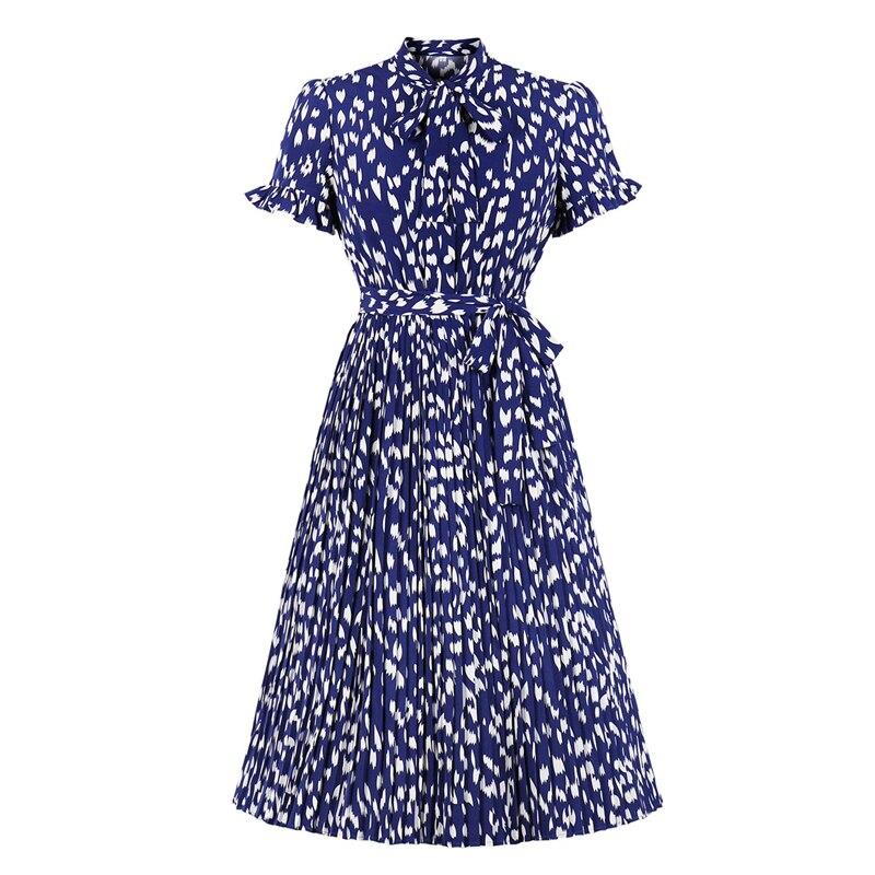 2021 Tie Neck Vintage Print Button Up Elegant Women Pleated Midi Dress Ruffle Short Sleeve High Waist Belted Casual Dresses