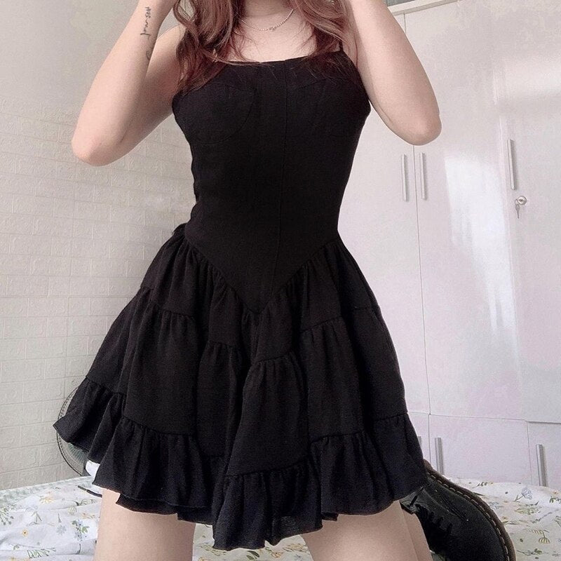 Retro Solid Goth Strap Ruffles High Waist Pleated Dress Casual Korean Backless Summer Mini Sundress Black Gothic Clothes Vestido