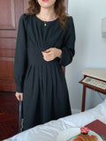 Gathered Elegant Vintage Dress Round Neck Long Sleeve A Line Casual Dress With Belt