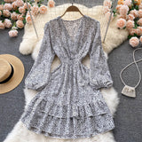 Print Casual Spring Autumn V Neck Long Sleeve Dress Elastic Waist Ruffle Hem Mini Dress