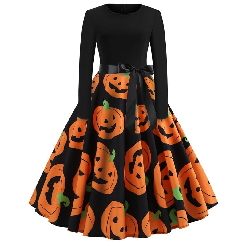 Fancy Pumpkin Skeleton Halloween Womens Dress Long Sleeve Mid Length Princess Dress Ladies Costume Festival Party Vintage