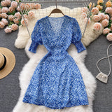 Beach Vacation Floral Dress Women Summer Short Puff Sleeve V Neck Front Button Up Elegant Chiffon Mini Dress