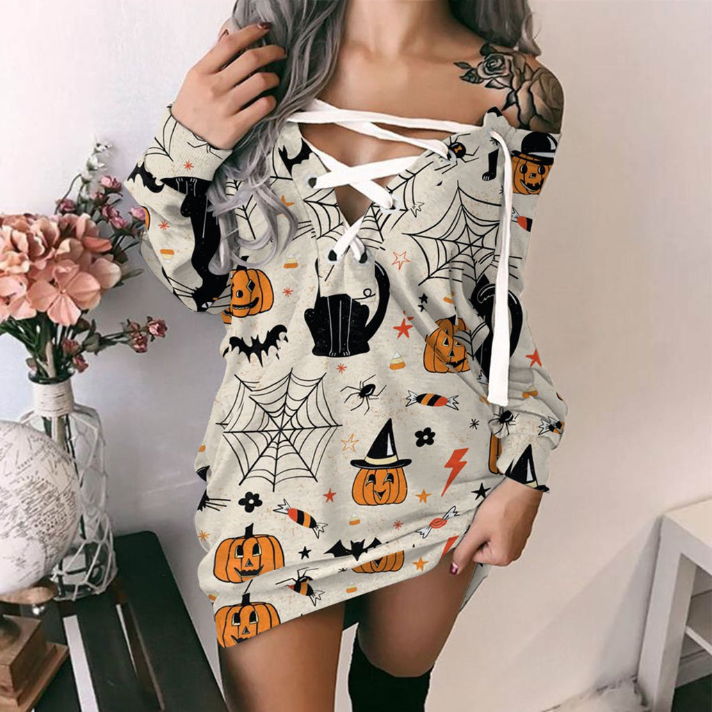 Halloween Dress Women Plus Size 2021 Vogue Pumpkin Print Off-Shoulder Strappy Long Sleeve Dress Sweater Halloween Costumes Loose