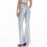 Sexy PU Leather Metallic Shiny Holographic Flare Pants Girls Bodycon Elastic Waist Bell Bottom Trousers Clubwear