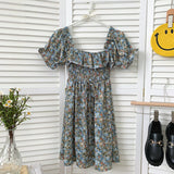 Vintage Floral Print Summer Vacation Beach Dress Ruffle Square Neck Short Puff Sleeve Casual Mini Dress