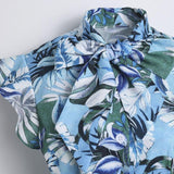Bow Tie Neck Ruffle Armhole Botanical Print Button Up Office Shirt 2021 Summer Elegant Women Blouse Vintage Fashion 50s 60s Tops
