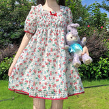 Japanese Fashion Sweet Kawaii Elegant Loose Floral Printed Lady Dress Spring Square Collar Puff Sleeve A-Line Loose Dresses
