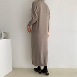 Fashion Mock Neck Long Sleeve Casual Knitted Dress Autumn Winter Solid Elegant Loose Midi Dress