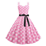 Pinup 50S Vintage Spaghetti Strap Polka Dot Summer Dress with Belt Women Fit and Flare Casual Swing Dresses