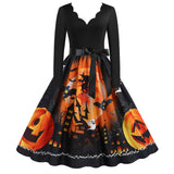 Women Vintage Long Sleeve Halloween 1950s Housewife Evening Party Prom Dress Halloween Costumes Plus Size Bandage Bow Disfraces