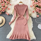 Mermaid Autumn Winter Elegant Ribbed Sweater Dress Crew Neck Ruffle Hem Knitted Bodycon Midi Dress