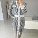 Long Sleeve Knitted Winter Elegant Office Lady V Neck Button Up Houndstooth Midi Bodycon Dress