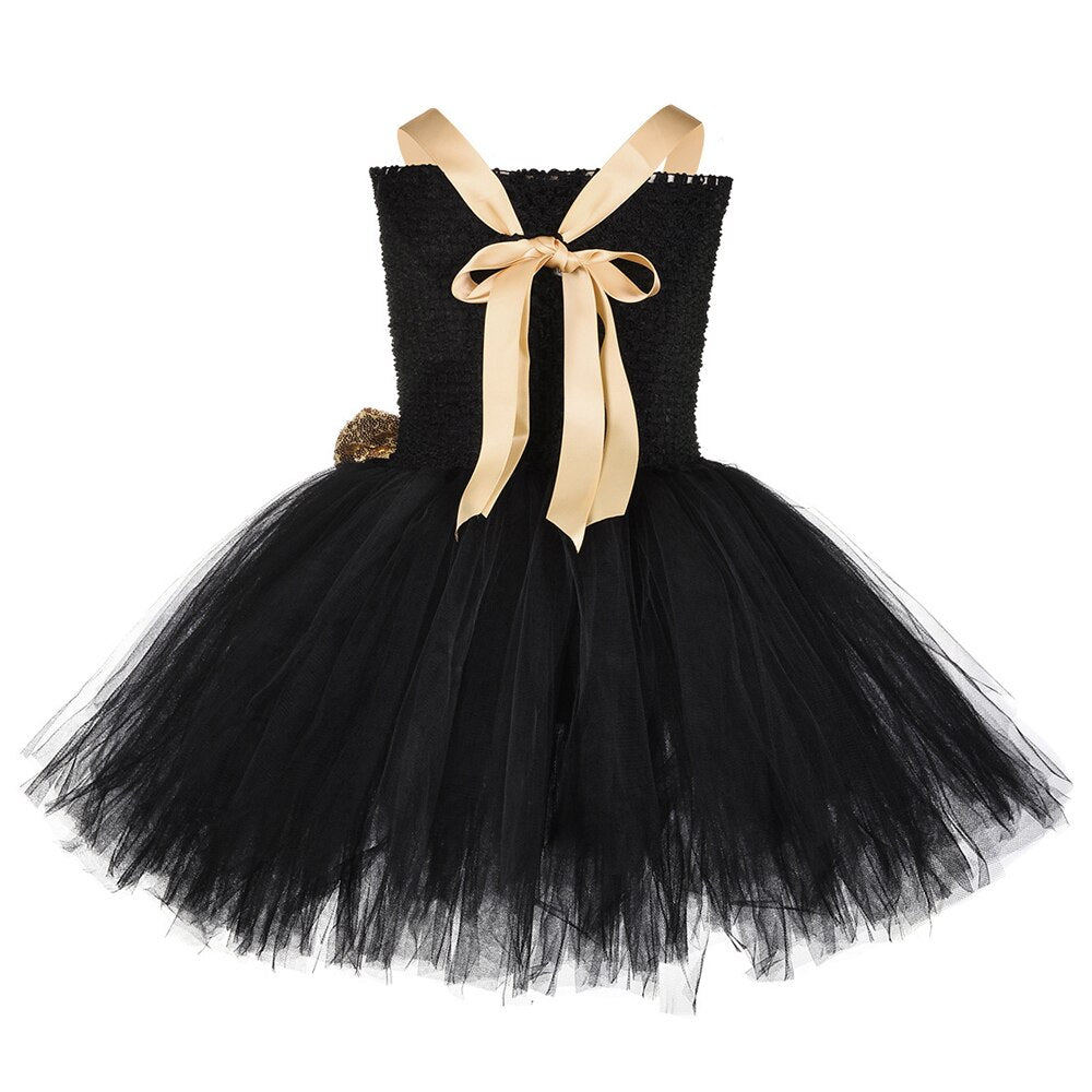 Black Gold Lol Surprise Dress for Girls Halloween Costumes Kids Girl Birthday Tutu Dresses with Golden Big Bow Headband Clothes