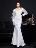 Elegant White Satin Appliques Beading Wedding Dress Women See through Tulle Long Sleeve Party Dress