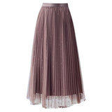 New Elastic High Waist Rhinestone Mesh Women A-Line Pleated Casual Skirt