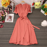 Elegant Wrap Woman V Neck Short Sleeve Solid Color Casual Belted Midi Dress