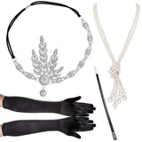 4pcs/set 1920s Flapper Accessories Set Rhinestone Headpiece Pearl Knot Necklace Bracelet with Cigarette Holder