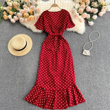 Summer Clothes Dresses For Women Elegant Vintage Ruffle Wrap Dress V Neck Short Sleeve Casual Polka Dot Midi Dress