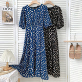 Elegant Waist Tie Vintage Floral Chiffon Midi Dress O-Neck Short Puff Sleeve Summer Dress