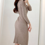 Women V Neck Long Sleeve Casual Knitted Solid Midi Dress Elegant Ribbed Bodycon Dress