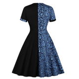 Women Short Sleeve Black Blue Leopard Print Patchwork Robe Pin Up Swing Retro Vintage Dress