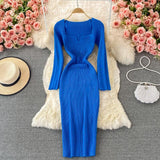 Sweetheart Neck Long Sleeve Elegant Knitted Dress Autumn Winter Slit Sexy Bodycon Dress