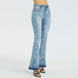 Daisy Flower Embroidered Blue Denim Jeans Mid Waist Zipper Fly Skinny Vintage Flare Pants Women Streetwear Jeans