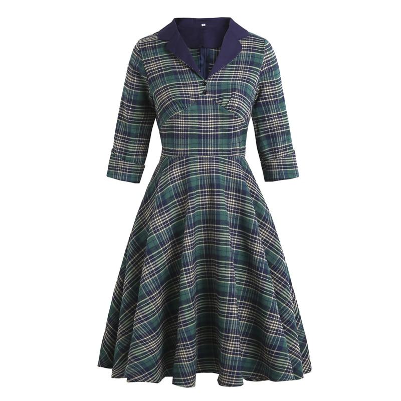 Elegant Notched Collar Buttons Retro 50s Style Midi Plaid Rockabilly Dresses for Women 3/4 Length Sleeve Winter Vintage Dress
