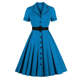 Blue Elegant Notched Collar Belted High Waist Vintage Single-Breasted Pleated Pinup Ladies Dress