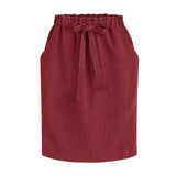 Women Elastic High Waist Pocket Skirt Cotton Linen Bodycon Skirts