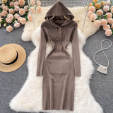 Knitted Bodycon Dress Kangaroo Pocket Hooded Long Sleeve Casual Winter Dress Women Clothing Ribbed Sweater Dress