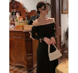 Korean Fahsion Evening Party Dress Women Off Shoulder Bow Vintage Midi Dress Lady Elegant Long Sleeve Black Dress 2021 Winter