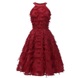 Burgundy Fringe Classy Vintage Midi A Line Halter Sleeveless Party Summer Elegant Flare Dress