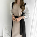 Office Color Block Knitted Midi Dress With Belt Long Shirt Sleeve Patchwork Winter Dress