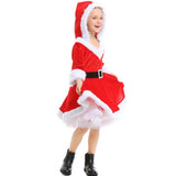Kids Girls Red Velvet Santa Claus Hoodies Dress with Belt Christmas Cosplay Costume New Year Child Xmas Party Fancy Dress