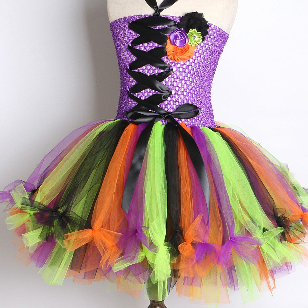 Witch Halloween Costumes for Girls Kids Sorceress Tutu Dress with Hat Children Cosplay Dresses for Carnival Party Colorful Tutus