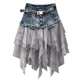 Summer Mini Tutu Tulle Skirt Gothic Punk Women High Waist Irregular Denim Skirts Club Party Mesh Patchwork Short Jeans Jurken