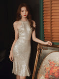 New Sliver Women Short Party Prom Dress Elegant Off Shoulder Beads Sequin Dress