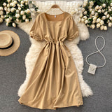 Vintage Square Neck Short Puff Sleeve Waist Back Tie Chic Casual Midi Dress