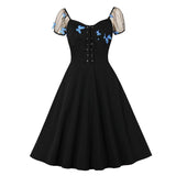 Black Elegant Women Lace Up High Waist Vintage 3D Butterfly Swing Mesh Sleeve 50s Pinup Slim A Line Party Dress