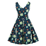 Multicolor Cactus Print Sleeveless Vintage Robes 50s Pinup A Line V Neck Women Summer Cotton Plus Size Dress